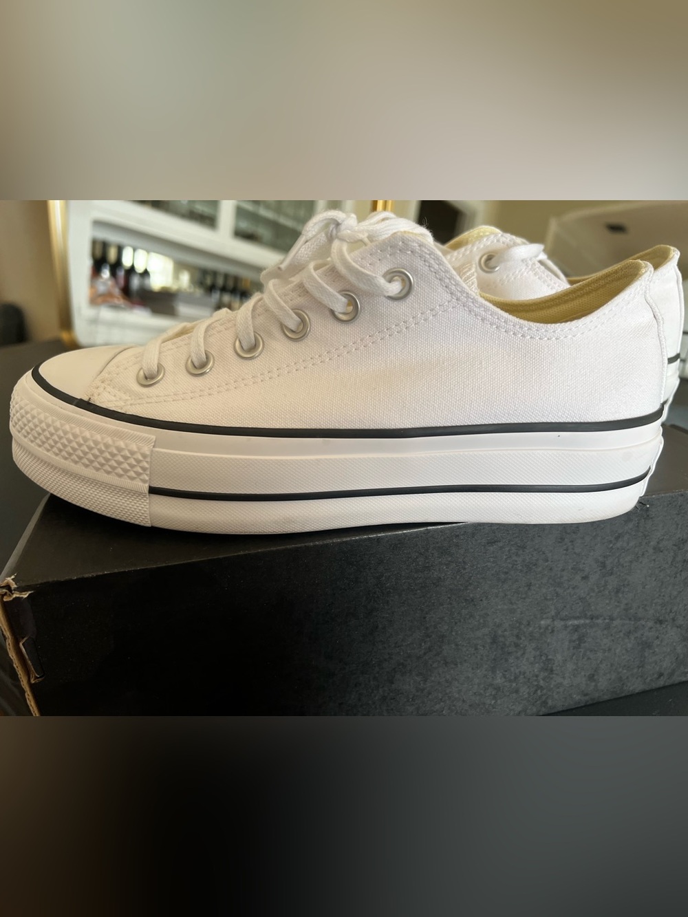 Converse White Low-Top Platform Canvas Sneakers with Black Trim - Picture 5 of 12